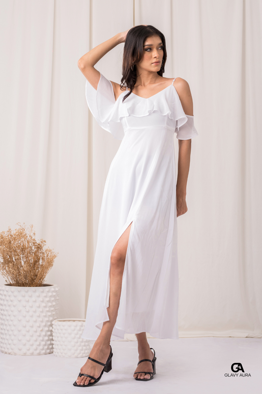 Frill Long Party Dress - White