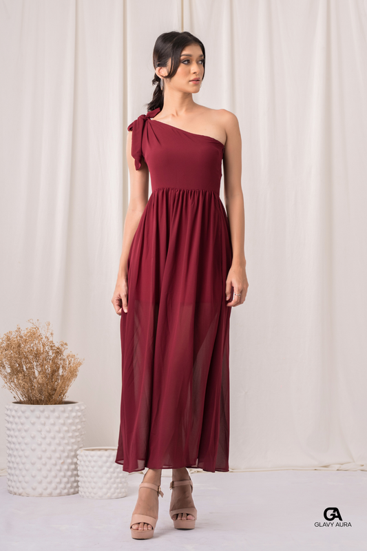 Knot Tie Long Party Dress - Maroon