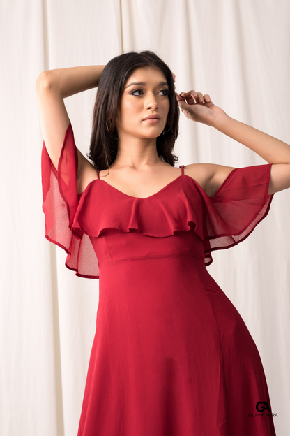 Frill Long Party Dress - Red
