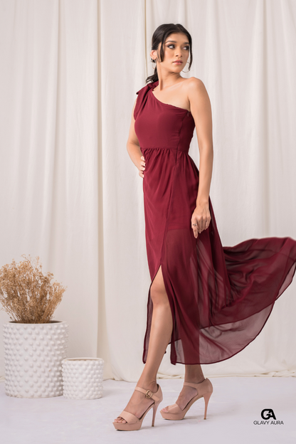 Knot Tie Long Party Dress - Maroon