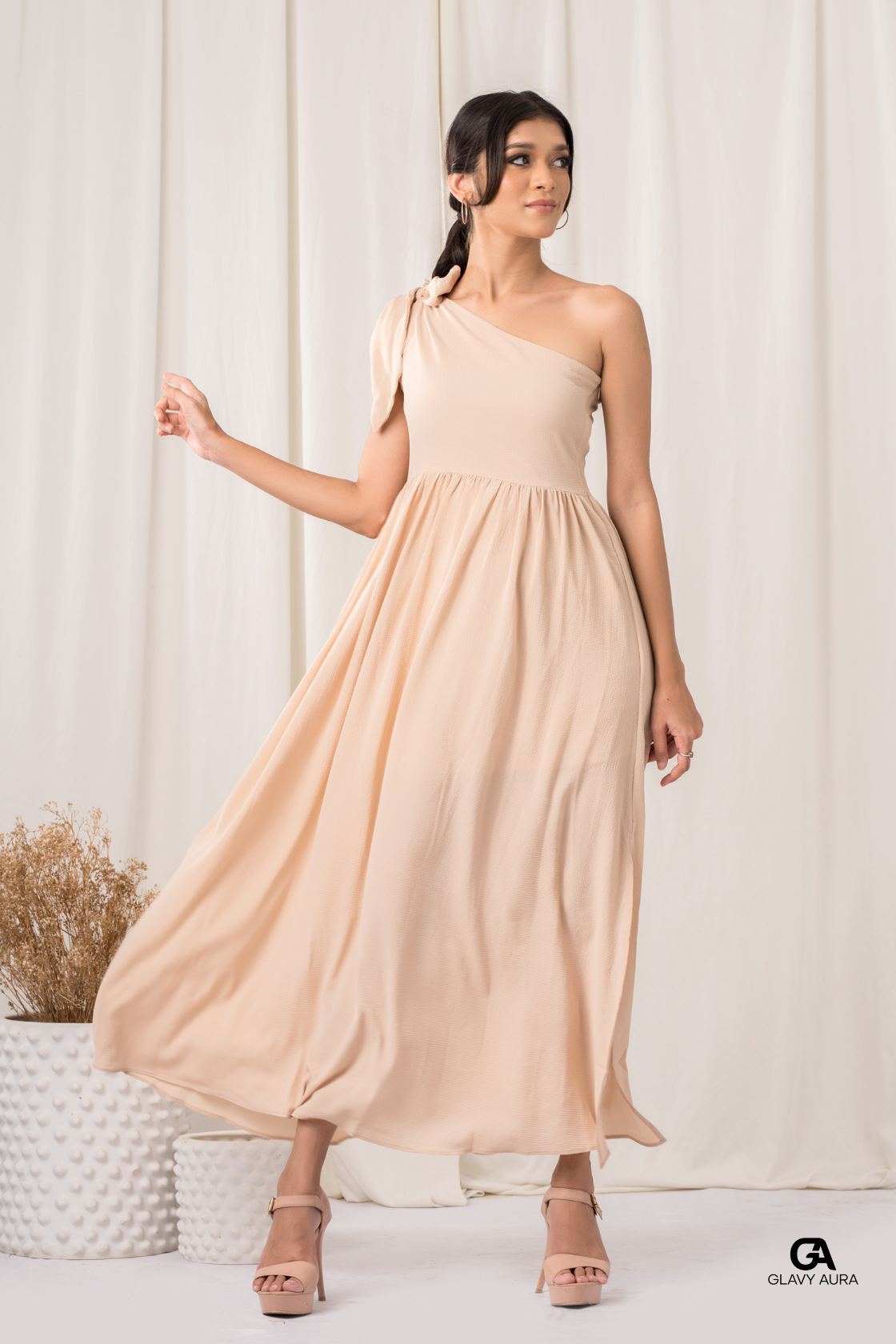 Knot Tie Long Party Dress - Cream
