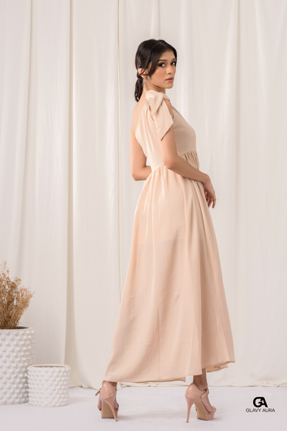 Knot Tie Long Party Dress - Cream