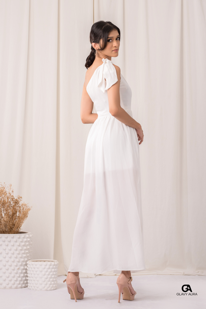 Knot Tie Long Party Dress - White
