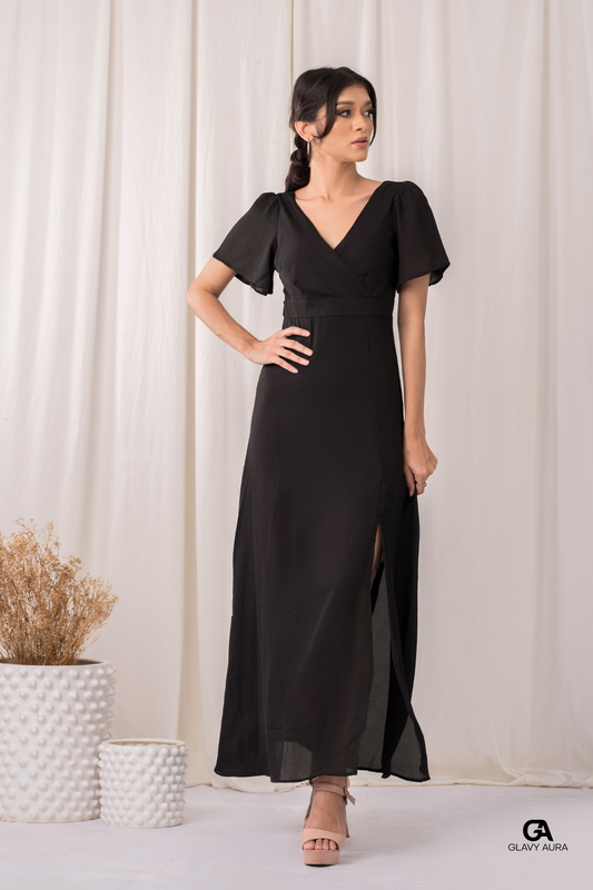 Frill Sleeve Long Party Dress - Black