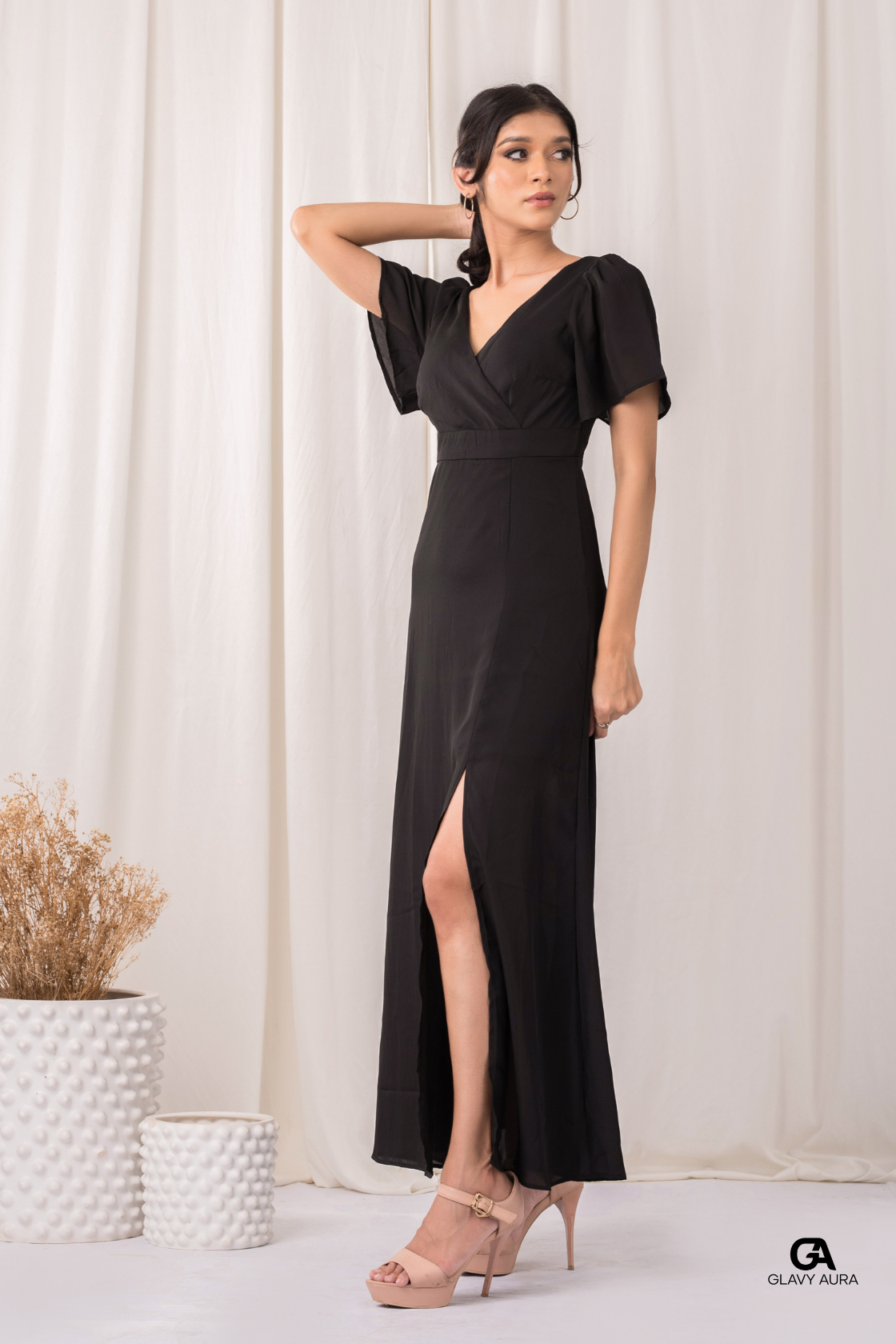 Frill Sleeve Long Party Dress - Black