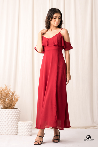Frill Long Party Dress - Red
