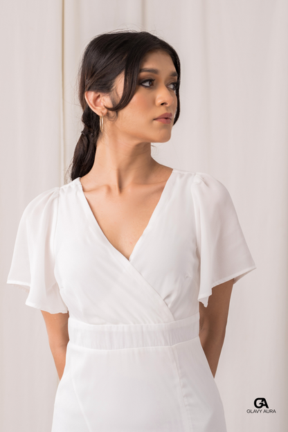 Frill Sleeve Long Party Dress - White