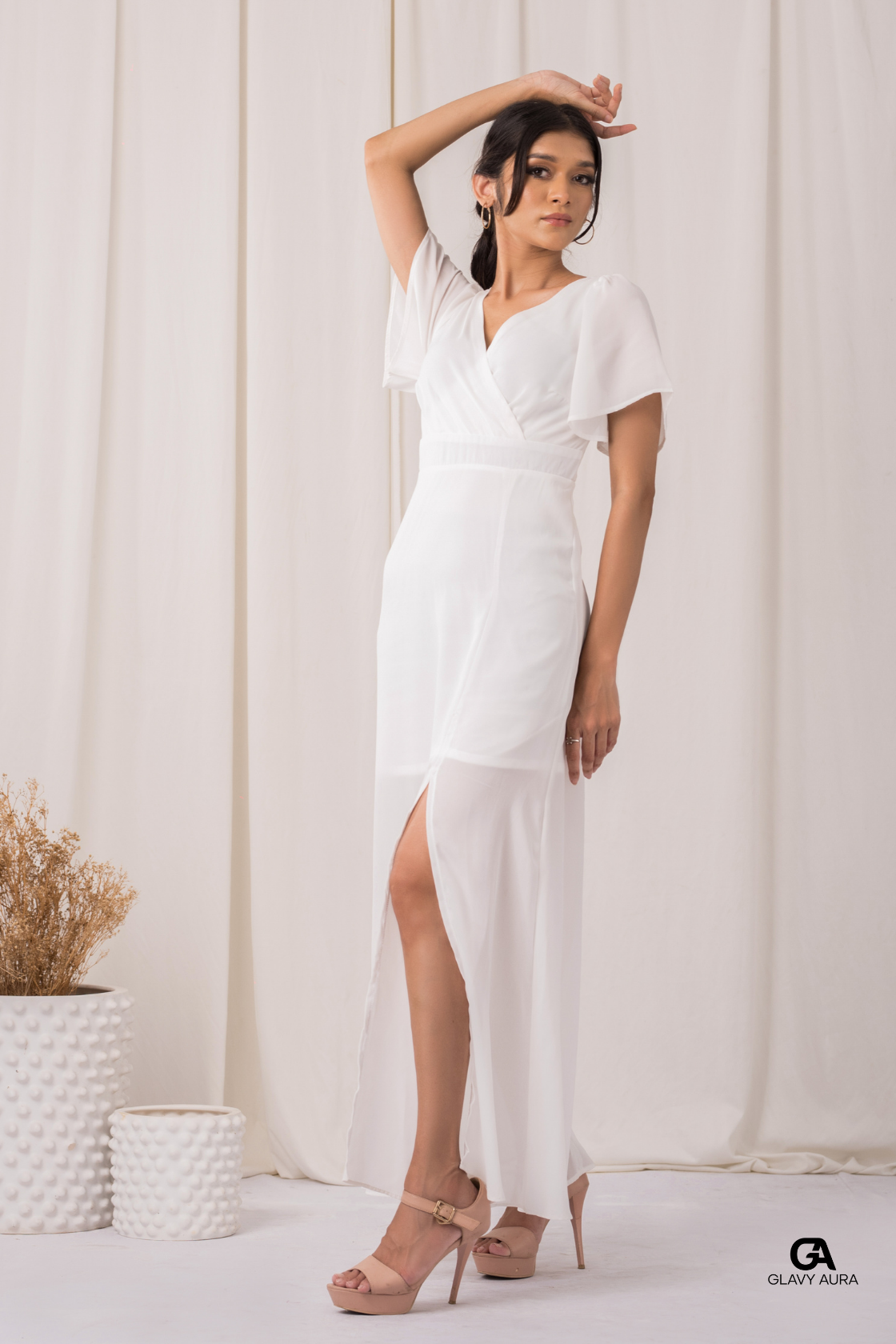 Frill Sleeve Long Party Dress - White