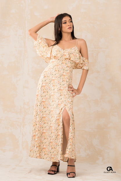 Frill Long Party Dress - Yellow Printed