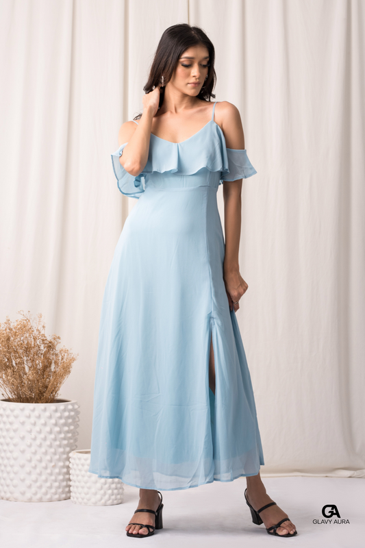 Frill Long Party Dress - Blue