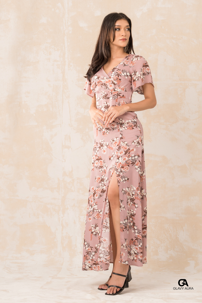 Frill Sleeve Long Party Dress - Pink Printed