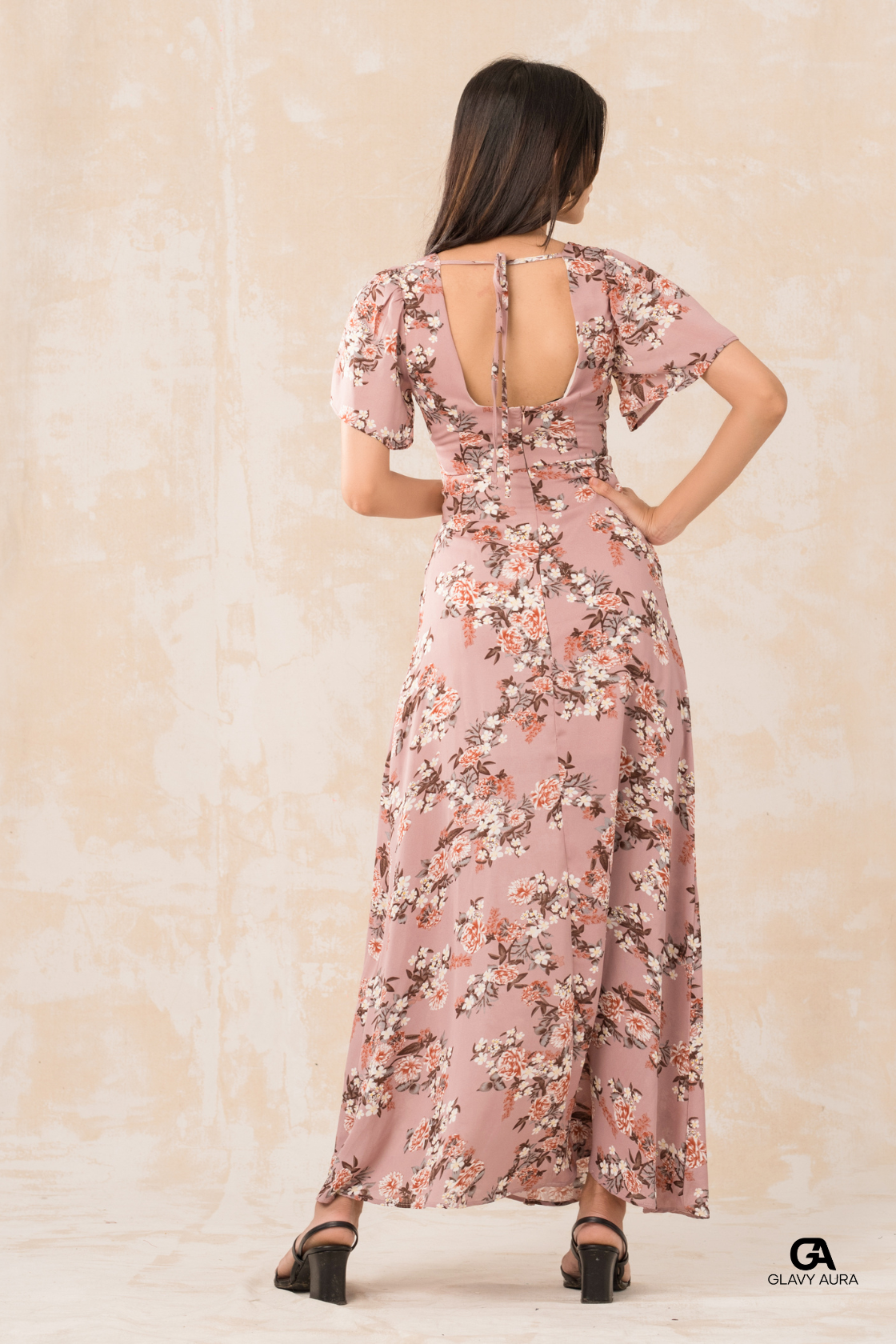 Frill Sleeve Long Party Dress - Pink Printed