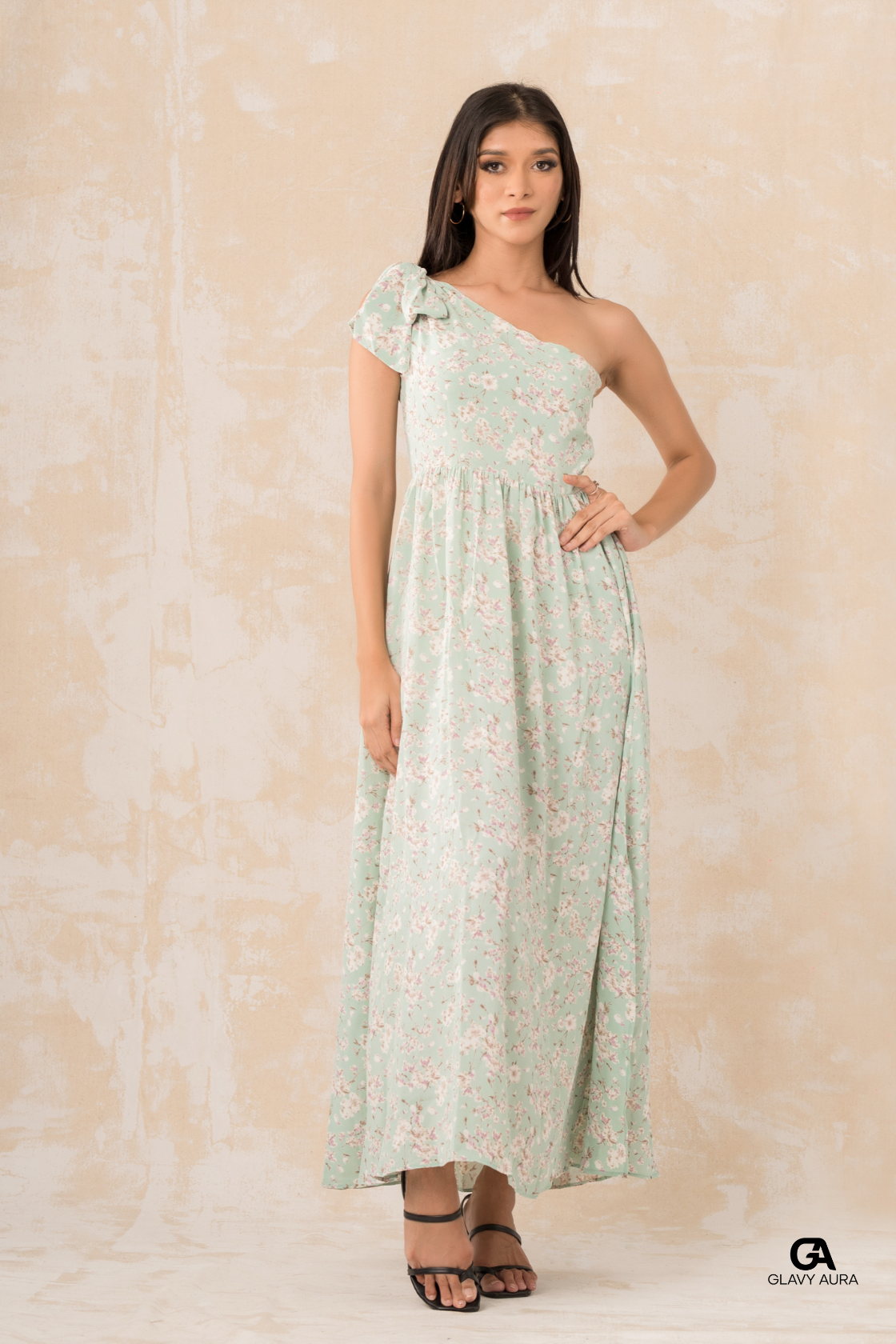 Knot Tie Long Party Dress - Green Print