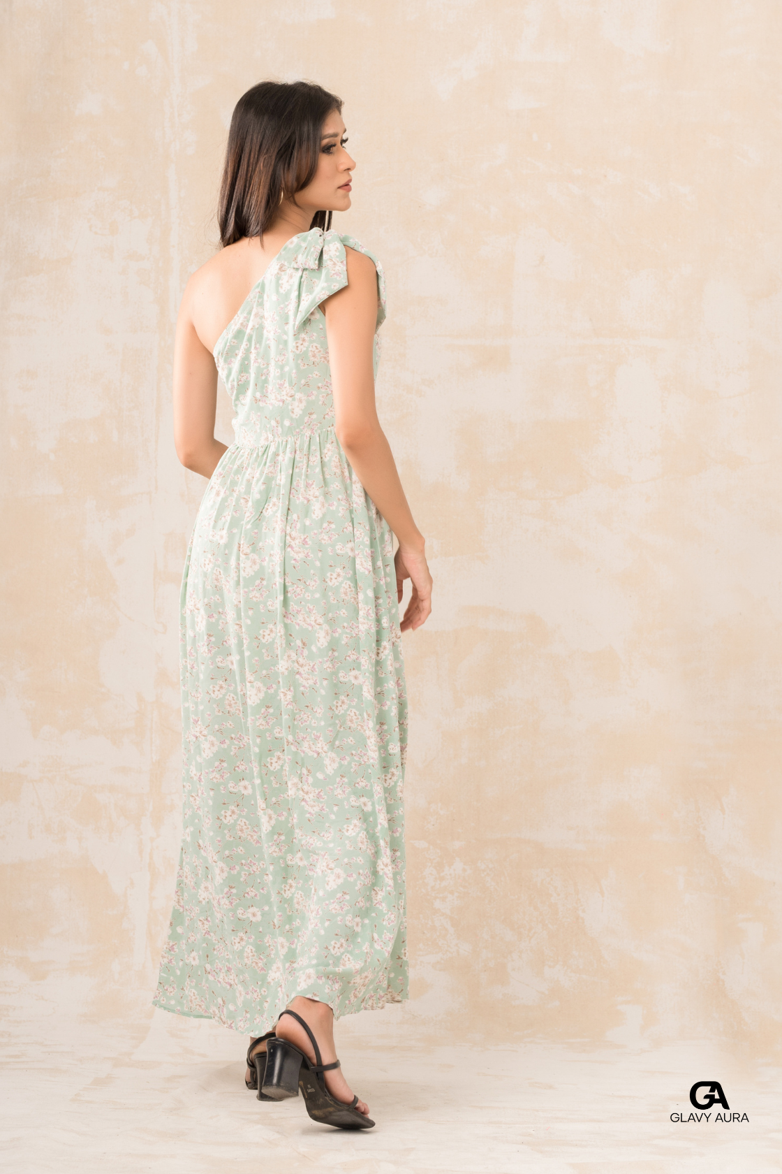 Knot Tie Long Party Dress - Green Print