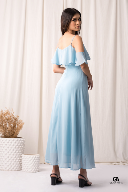 Frill Long Party Dress - Blue