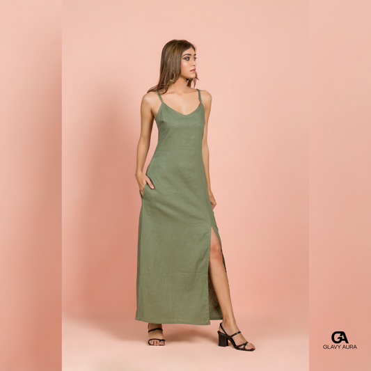 Front Slit Cami Maxi Dress - Green - Party Wear