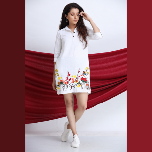 Tropical  Embroidery Midi Dress - White