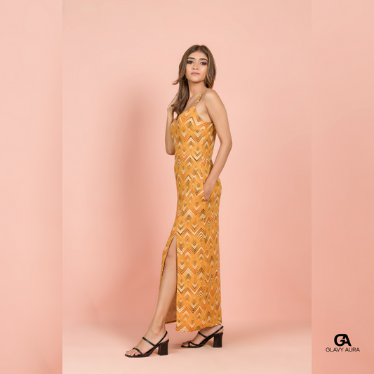 Front Slit Cami Maxi Dress - Printed Yellow - Party Wear