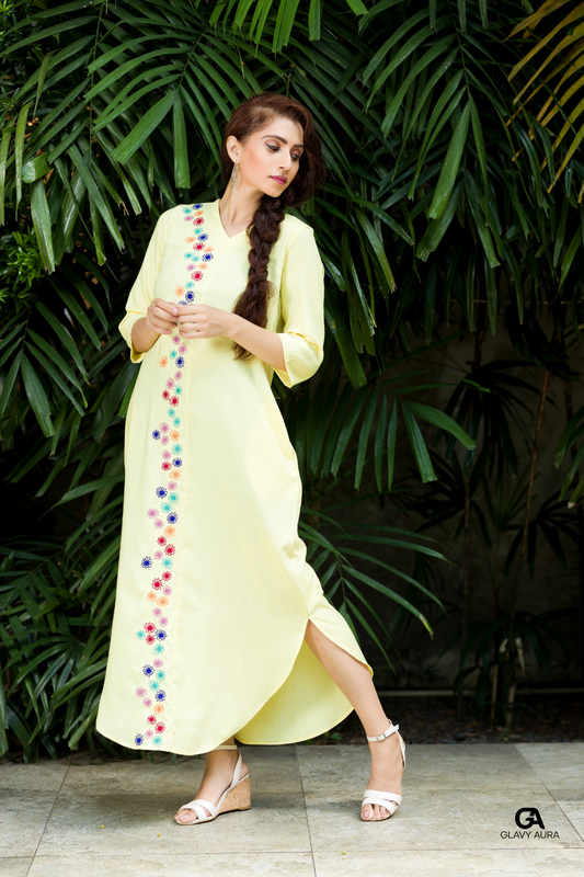 Multi Colour Embroider Long Dress - Yellow