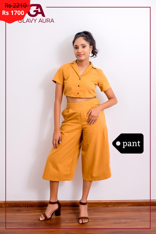 PANT - Two Pockets Side Invisible Zip Midi Palazzo Wide Leg - MUSTERED YELLOW