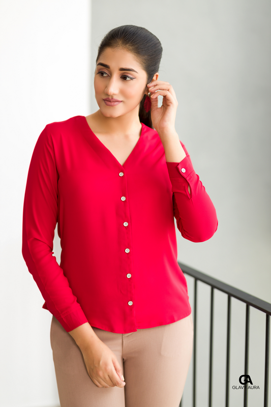 V neck Long Sleeve Top - Red
