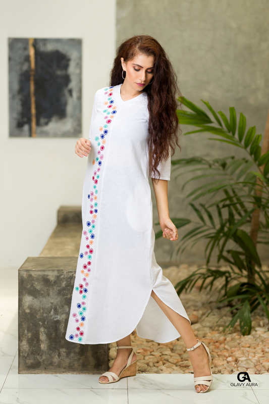 Multi Colour Embroider Long Dress - White